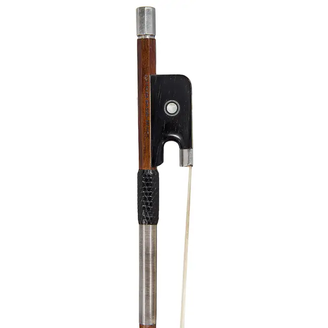4/4 French Violin Bow by and stamped Charles [Alfred] Bazin, Paris c1950, Silver and Ebony Mounted, Round Stick - Cover Image