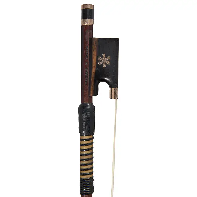 English Viola Bow by and stamped Malcolm Taylor, Mounts of Gold and Ebony, Octagonal Stick, 76g - Cover Image